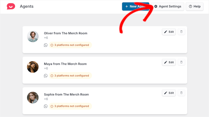 Le bouton Paramètres de l'agent dans WPChat