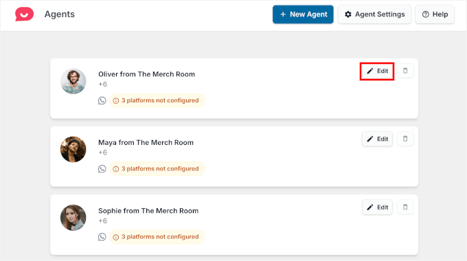 Le bouton Modifier pour un agent dans WPChat