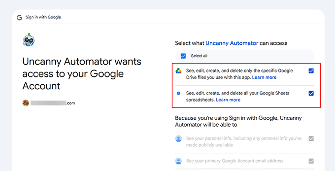 Wählen Sie Aktionen, für die Sie Uncanny Berechtigungen erteilen
