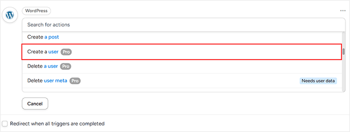 Choose create a user as WordPress action in Uncanny Automator