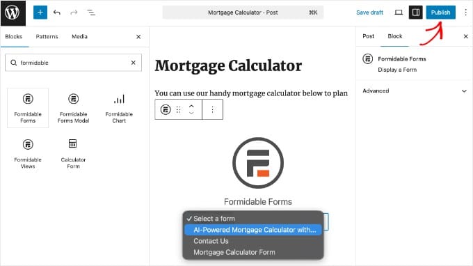 Adding a Formidable Forms Block to a Post or Page