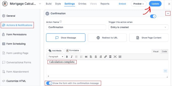 Configuring the Actions & Notifications Settings for a Formidable Form