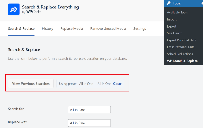Căutare și înlocuire totul - Căutări anterioare