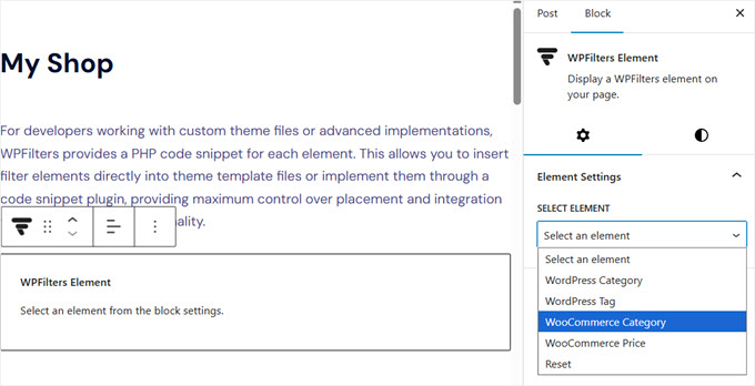 Selectează elementul de filtrare