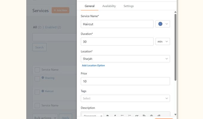 Adăugarea unui nou serviciu în Sugar Calendar Bookings