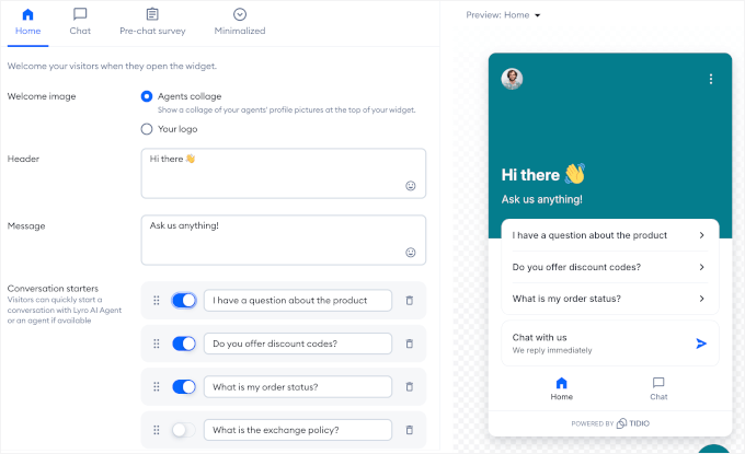 Aktivera konversationsstartare i Tidio