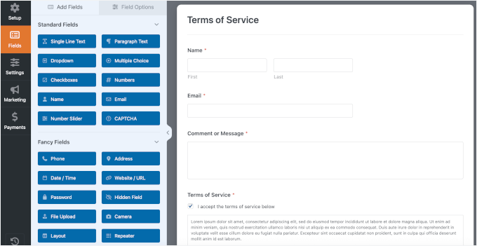 The Terms of Service template in the form builder The Terms of Service template in the form builder