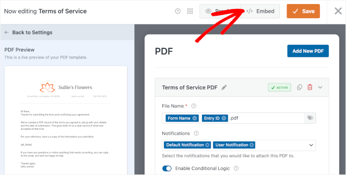 Embed button in WPForms Embed button in WPForms