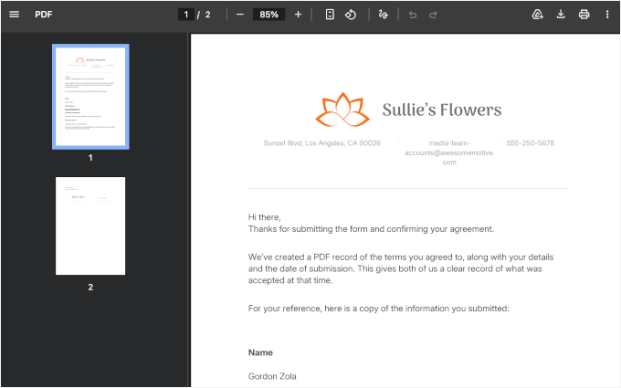 The generated WPForms PDF The generated WPForms PDF