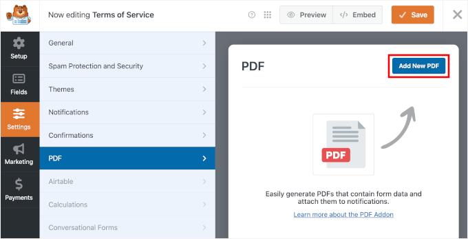 Adding a new PDF setting in WPForms Adding a new PDF setting in WPForms