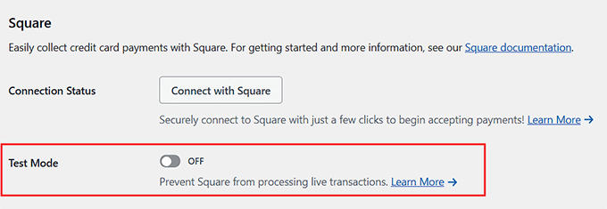 Activez le mode test pour les paiements Square dans WPForms Activez le mode test pour les paiements Square dans WPForms