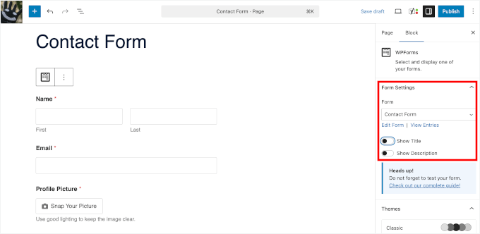 Ajuster les paramètres du formulaire dans l'éditeur de contenu