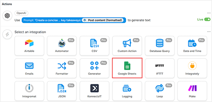Choose Google Sheets as the second integration in Uncanny Automator