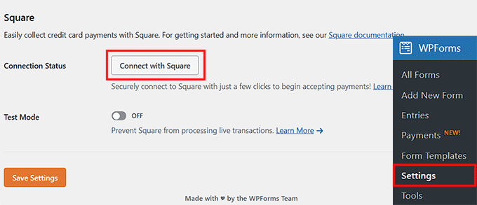 Cliquez sur Connecter avec Square dans WPForms Cliquez sur Connecter avec Square dans WPForms