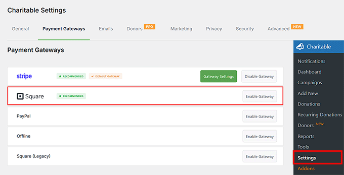 Activer Square comme passerelle de paiement dans Charitable Activer Square comme passerelle de paiement dans Charitable