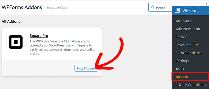 Installer le module complémentaire Square dans WPForms Installer le module complémentaire Square dans WPForms