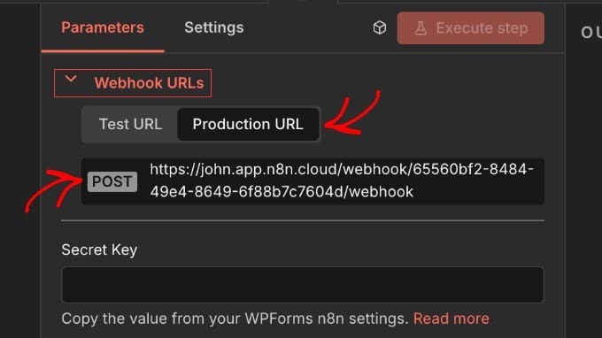 Copiați URL-ul de producție în n8n