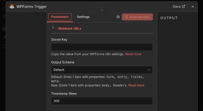 Parametrii declanșatorului WPForms în n8n