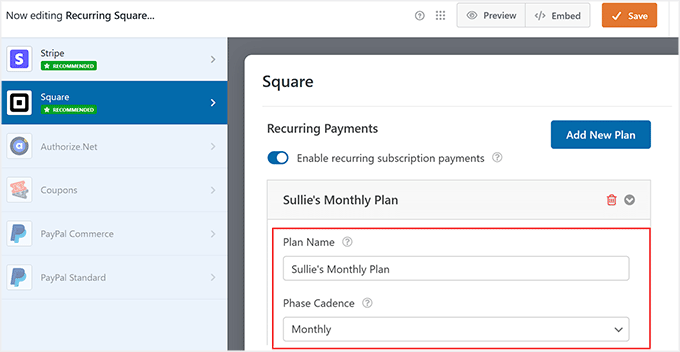 Configurer des plans de paiement récurrents pour Square dans WPForms Configurer des plans de paiement récurrents pour Square dans WPForms