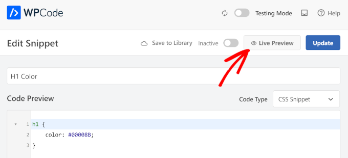 Anteprima CSS live di WPCode