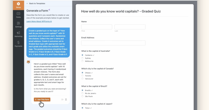 Modello Quiz del generatore di moduli AI di WPForms