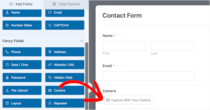Champ Caméra ajouté au formulaire