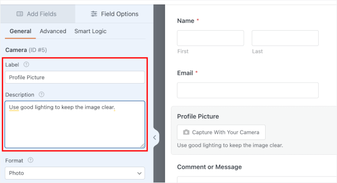 Ajuster le libellé et la description du champ Caméra