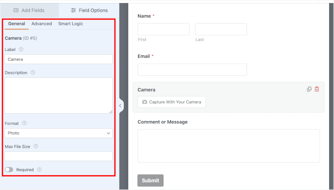 Les options du champ Caméra