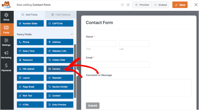 Le champ Caméra dans WPForms