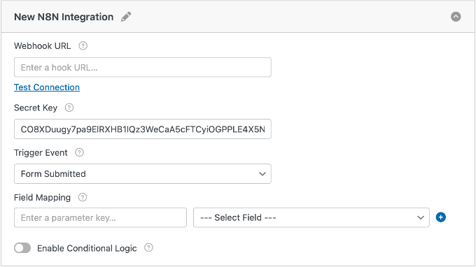 Setările de integrare n8n în WPForms