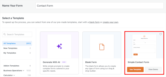Choix du modèle de formulaire de contact simple