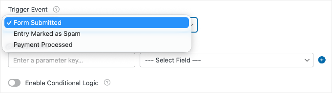 Alegerea unui eveniment declanșator în WPForms