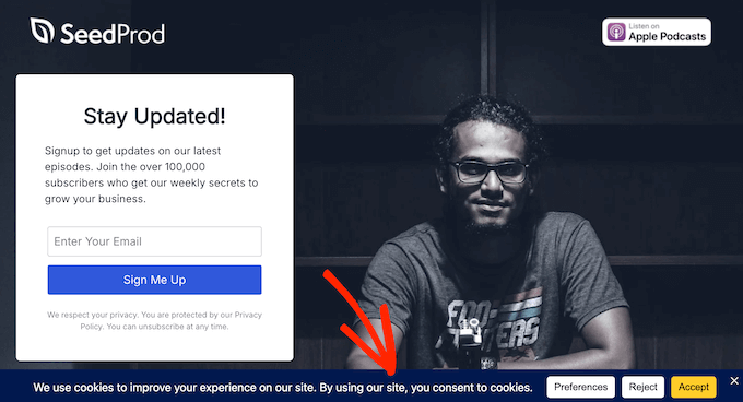 Un esempio di informativa sui cookie creata utilizzando WPConsent