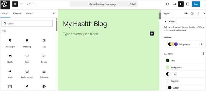 Customize your health blog in full site editor