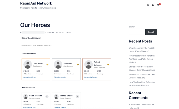 Displaying donor leaderboard across campaigns