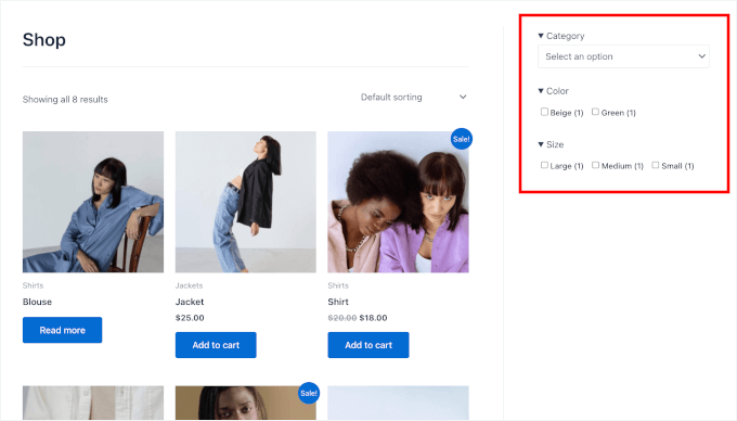 The WPFilters' filter on the Shop page The WPFilters' filter on the Shop page