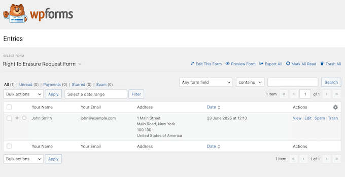 Conformarsi alle richieste di accesso ai dati utilizzando WPForms