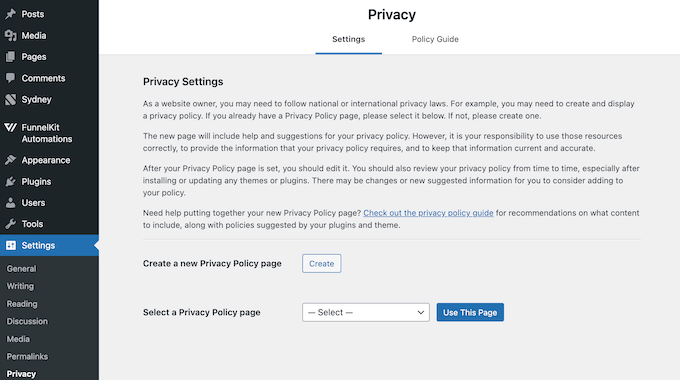 Il generatore di informative sulla privacy di WordPress