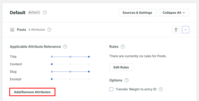 The Add/Remove Attributes button in SearchWP The Add/Remove Attributes button in SearchWP