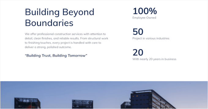 Predefiniowana sekcja statystyk firmy w SeedProd