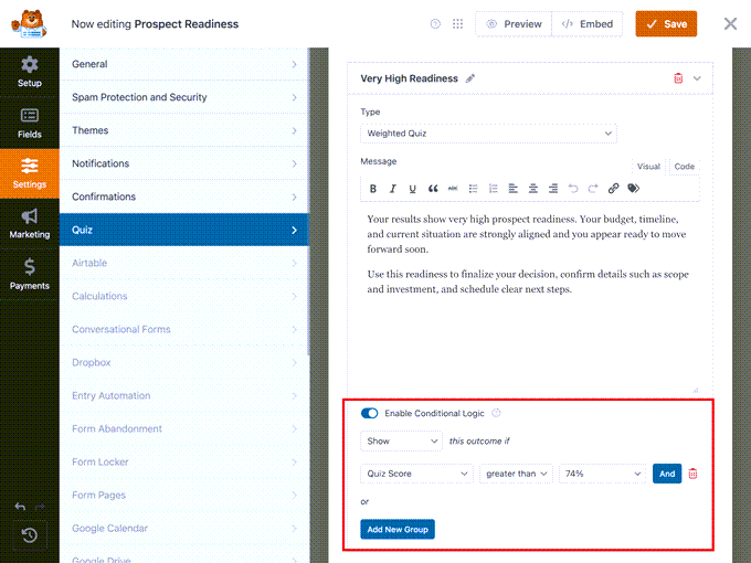 dodatek do quizu z różnymi wynikami