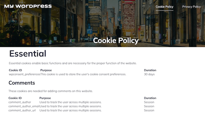 Un esempio di cookie policy su un sito web WordPress