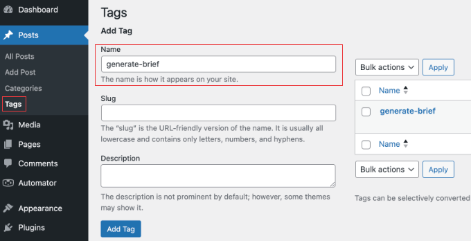 Creating a New Tag in WordPress