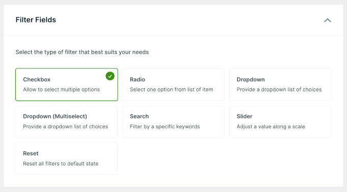 Alegerea câmpului de filtrare a produsului în WPFilters