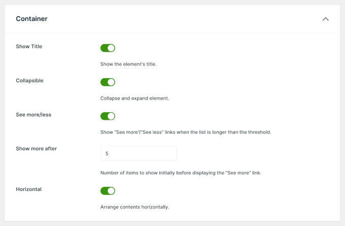 Configuring the element's container Configuring the element's container