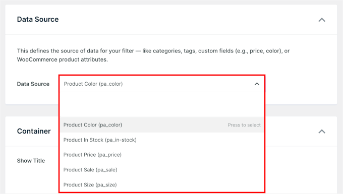 Choosing the data source for the WPFilters element Choosing the data source for the WPFilters element