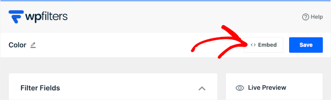 The embed button inside the WPFilters element builder The embed button inside the WPFilters element builder
