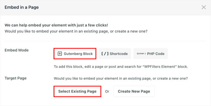Embed wizard with embed mode and target page fields Embed wizard with embed mode and target page fields