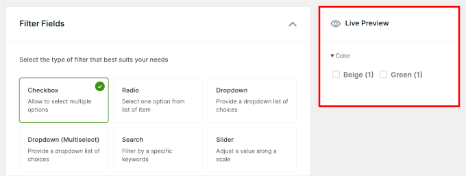 Color filter live preview inside WPFilters' builder Color filter live preview inside WPFilters' builder