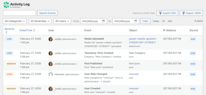 Aktivitetslogg-plugin från Duplicator